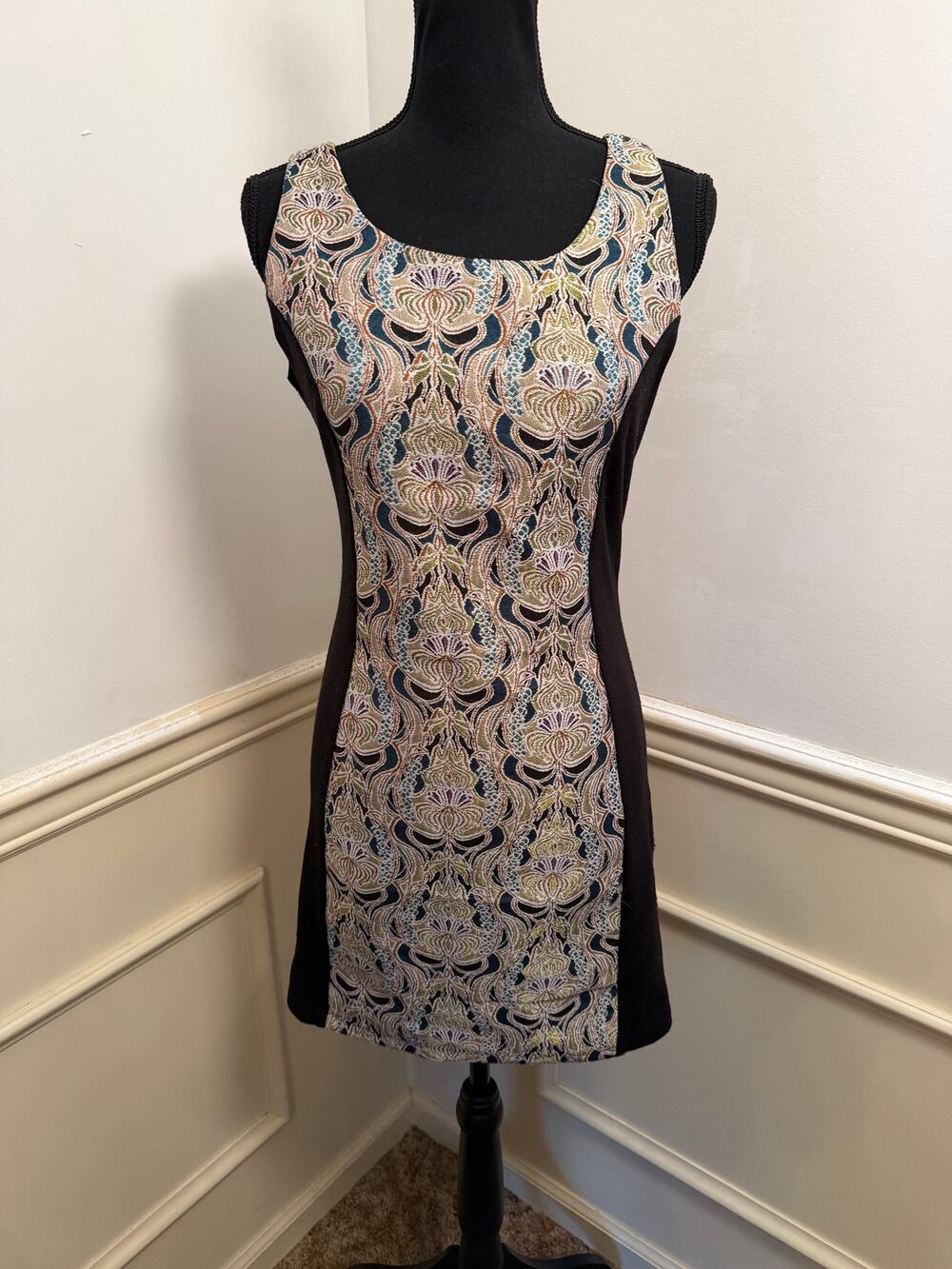 Jack by BB Dakota Maxine Shift Mini Dress Baroque Tapestry Black Ponte Panel